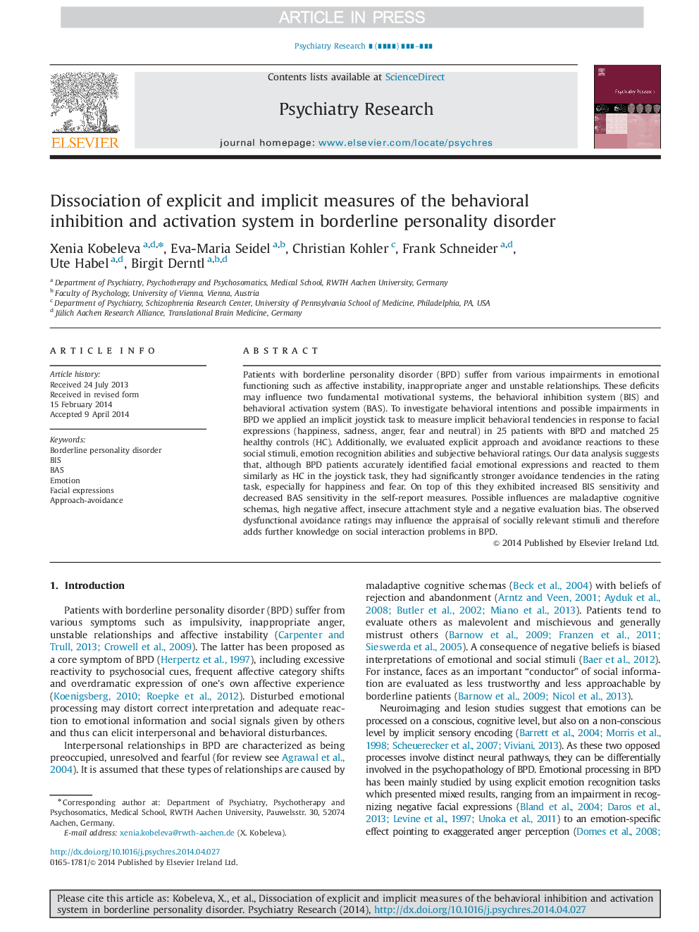 Dissociation of explicit and implicit measures of the behavioral inhibition and activation system in borderline personality disorder