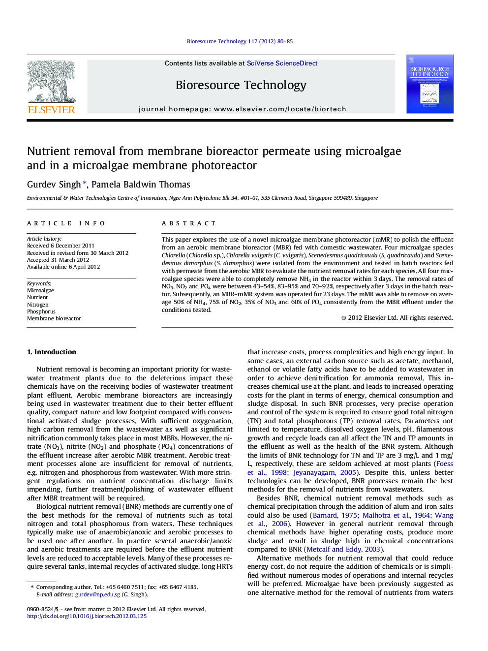 عکس صفحه اول مقاله: Nutrient removal from membrane bioreactor permeate using microalgae and in a microalgae membrane photoreactor Nutrient removal from membrane bioreactor permeate using microalgae and in a microalgae membrane photoreactor