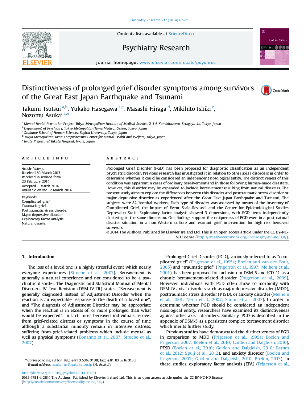 Distinctiveness of prolonged grief disorder symptoms among survivors of the Great East Japan Earthquake and Tsunami