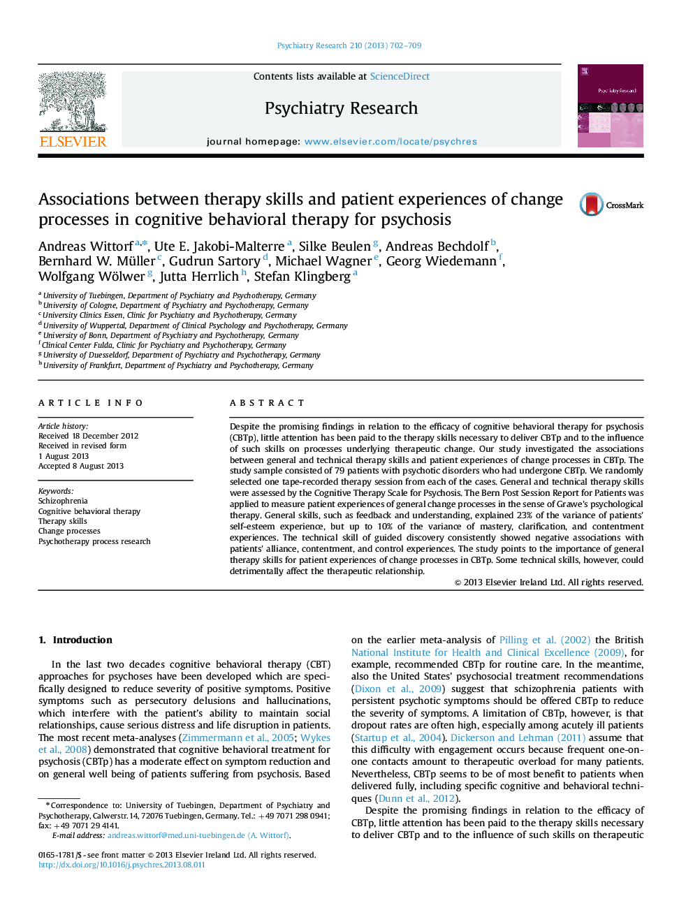 Associations between therapy skills and patient experiences of change processes in cognitive behavioral therapy for psychosis