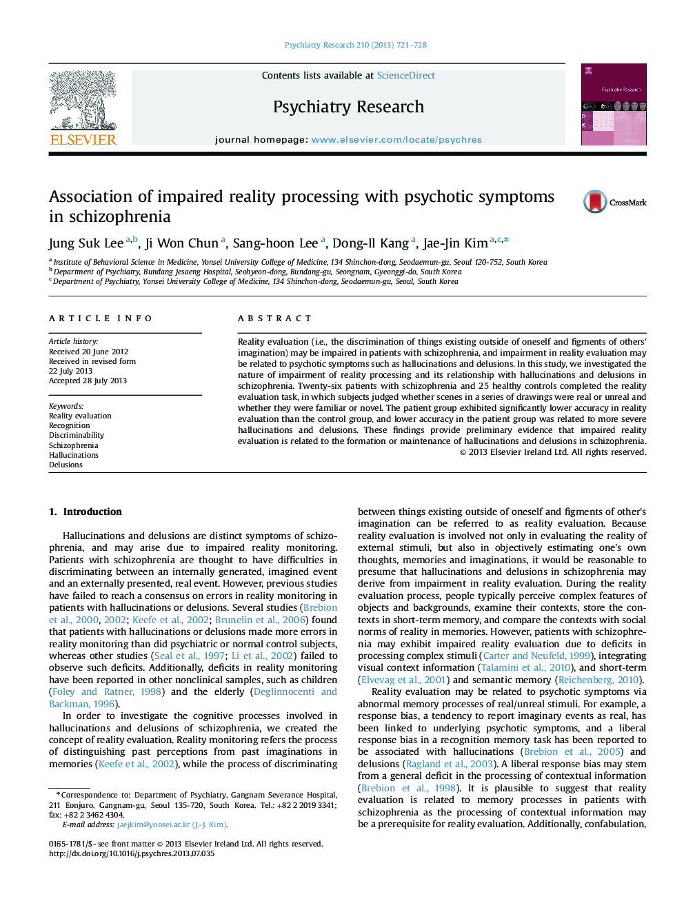 Association of impaired reality processing with psychotic symptoms in schizophrenia