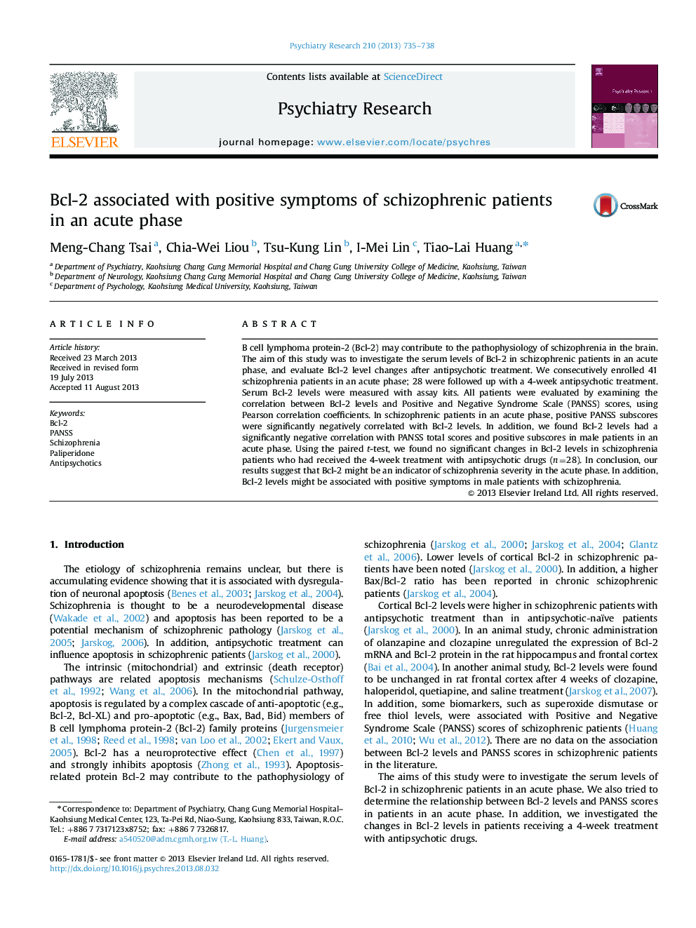 Bcl-2 associated with positive symptoms of schizophrenic patients in an acute phase