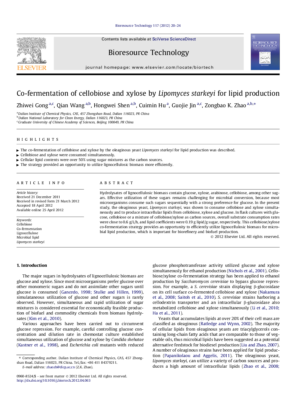 Co-fermentation of cellobiose and xylose by Lipomyces starkeyi for lipid production