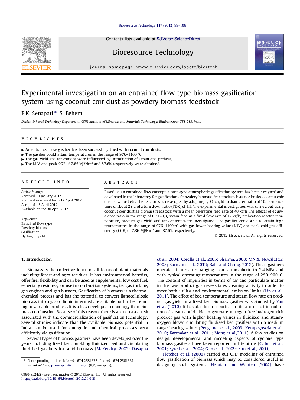 Experimental investigation on an entrained flow type biomass gasification system using coconut coir dust as powdery biomass feedstock