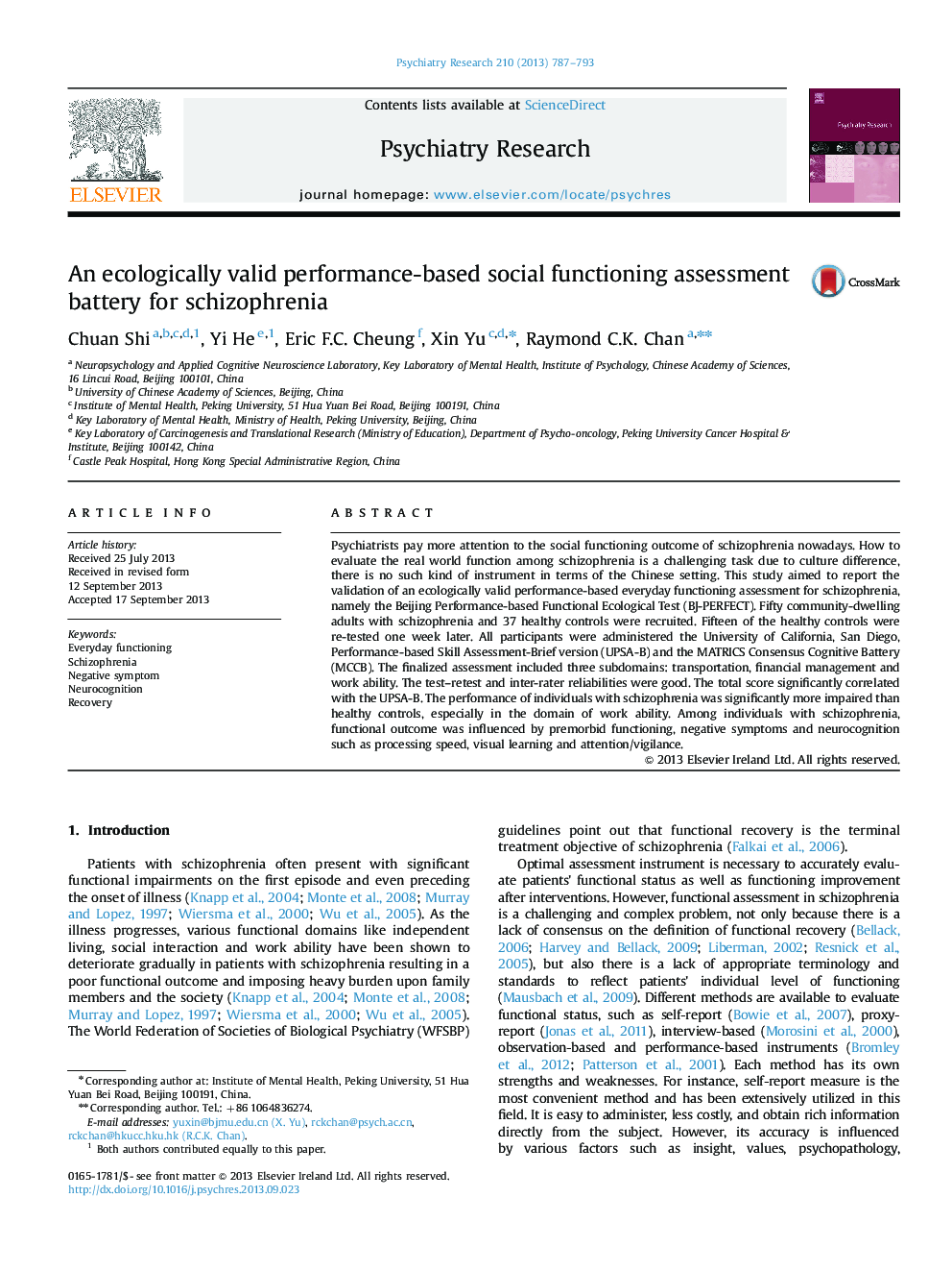 An ecologically valid performance-based social functioning assessment battery for schizophrenia