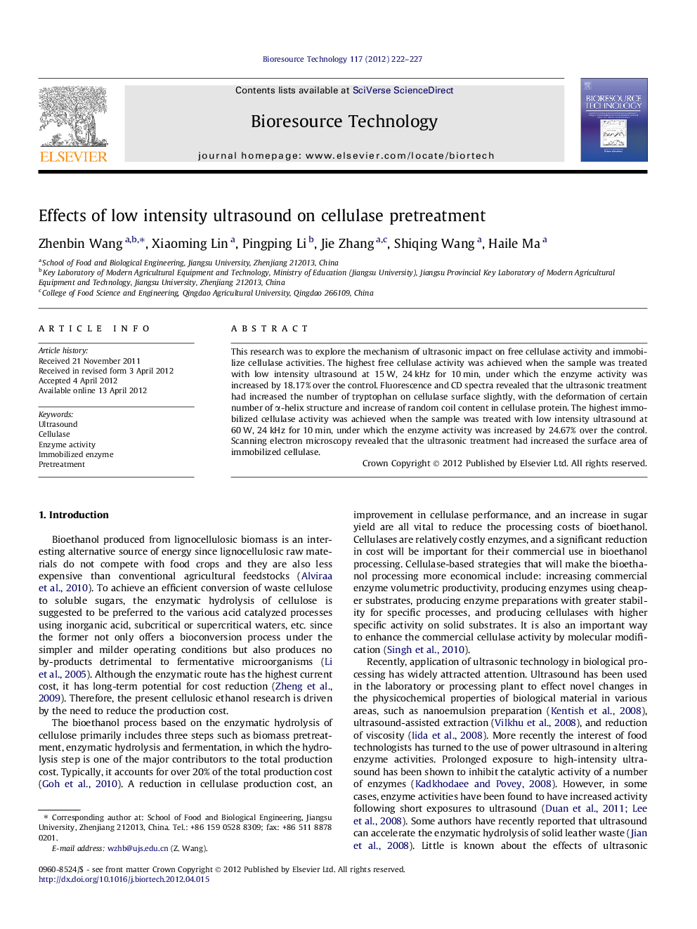 Effects of low intensity ultrasound on cellulase pretreatment