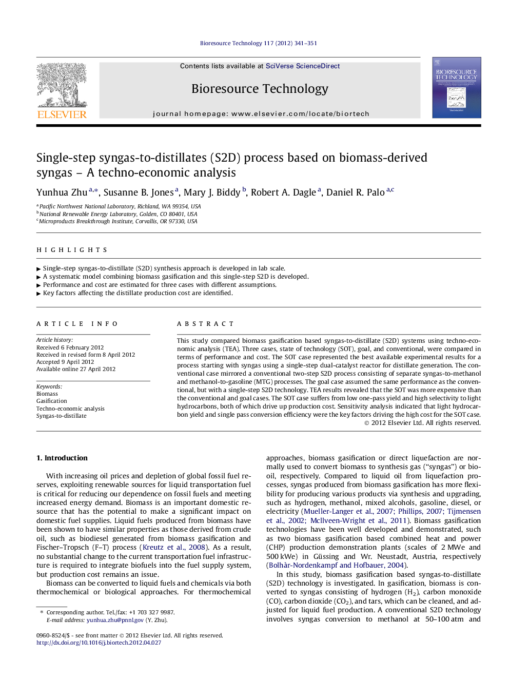 Single-step syngas-to-distillates (S2D) process based on biomass-derived syngas – A techno-economic analysis