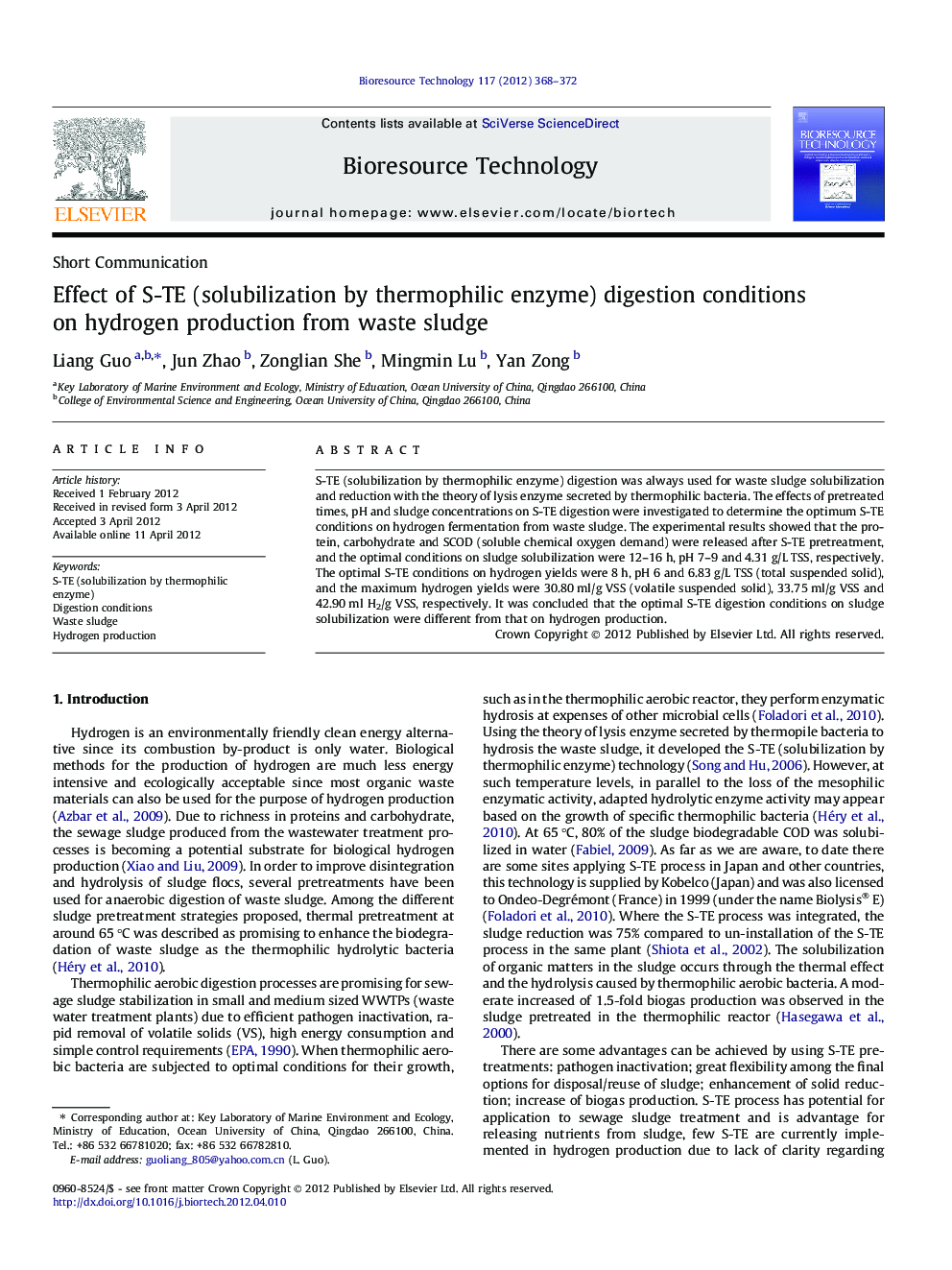 Effect of S-TE (solubilization by thermophilic enzyme) digestion conditions on hydrogen production from waste sludge