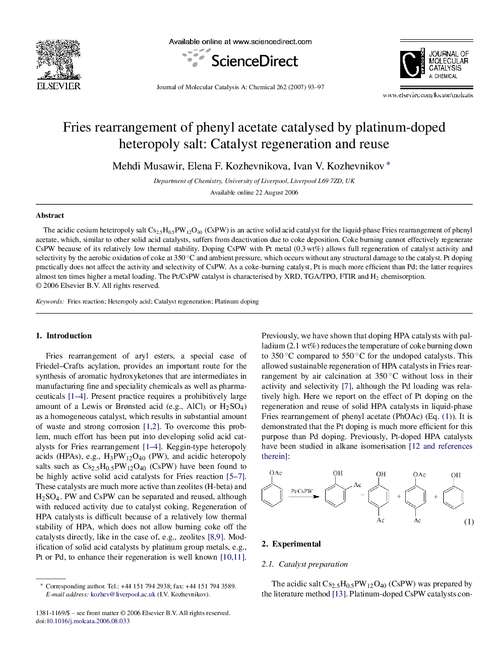 Fries rearrangement of phenyl acetate catalysed by platinum-doped heteropoly salt: Catalyst regeneration and reuse