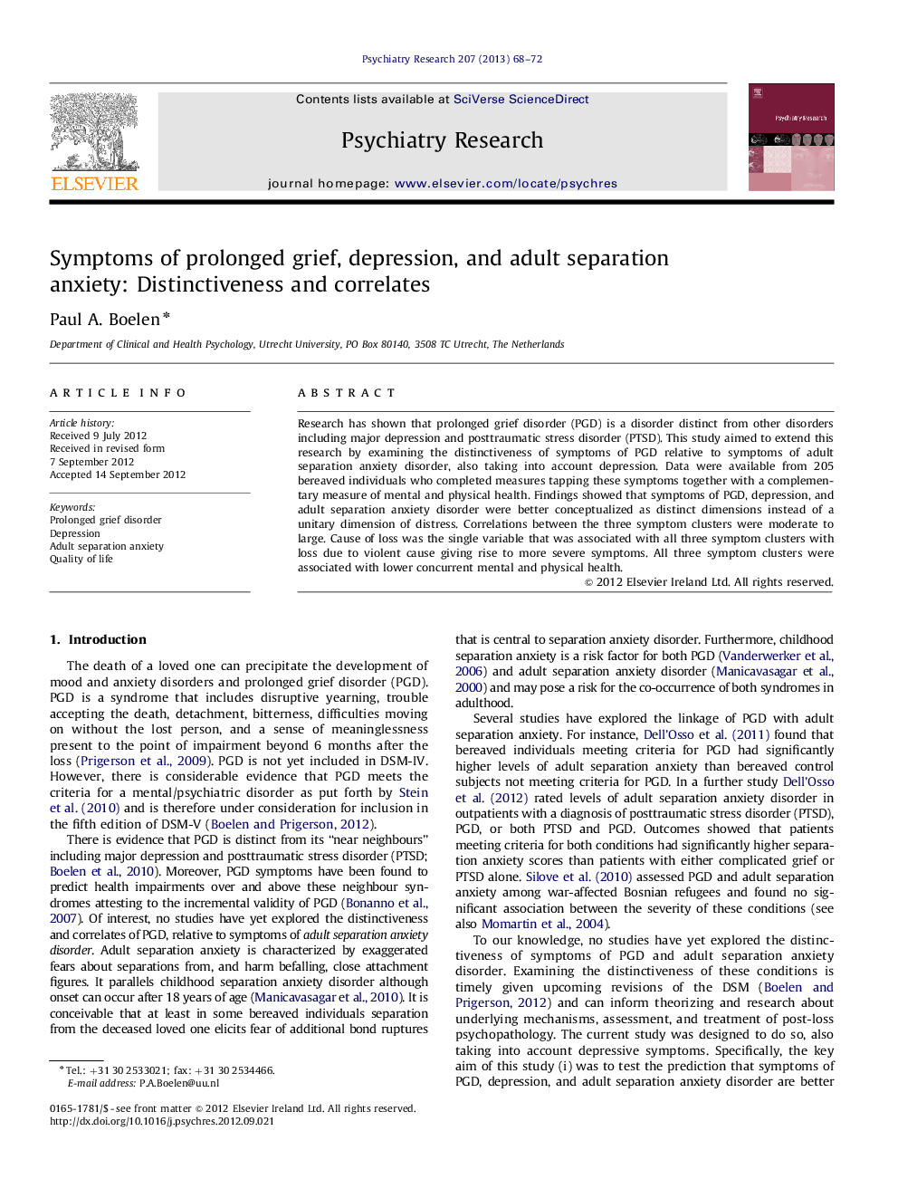 Symptoms of prolonged grief, depression, and adult separation anxiety: Distinctiveness and correlates