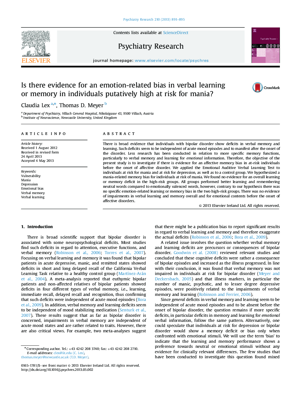 Is there evidence for an emotion-related bias in verbal learning or memory in individuals putatively high at risk for mania?