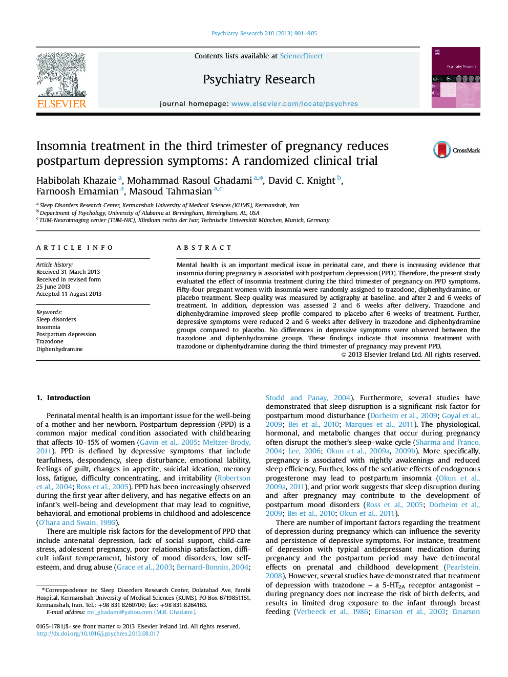 Insomnia treatment in the third trimester of pregnancy reduces postpartum depression symptoms: A randomized clinical trial