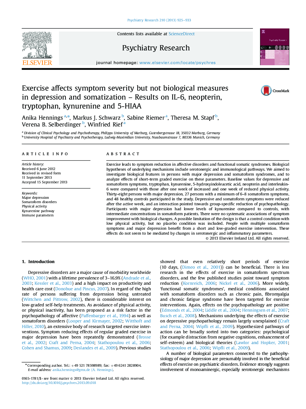 Exercise affects symptom severity but not biological measures in depression and somatization - Results on IL-6, neopterin, tryptophan, kynurenine and 5-HIAA