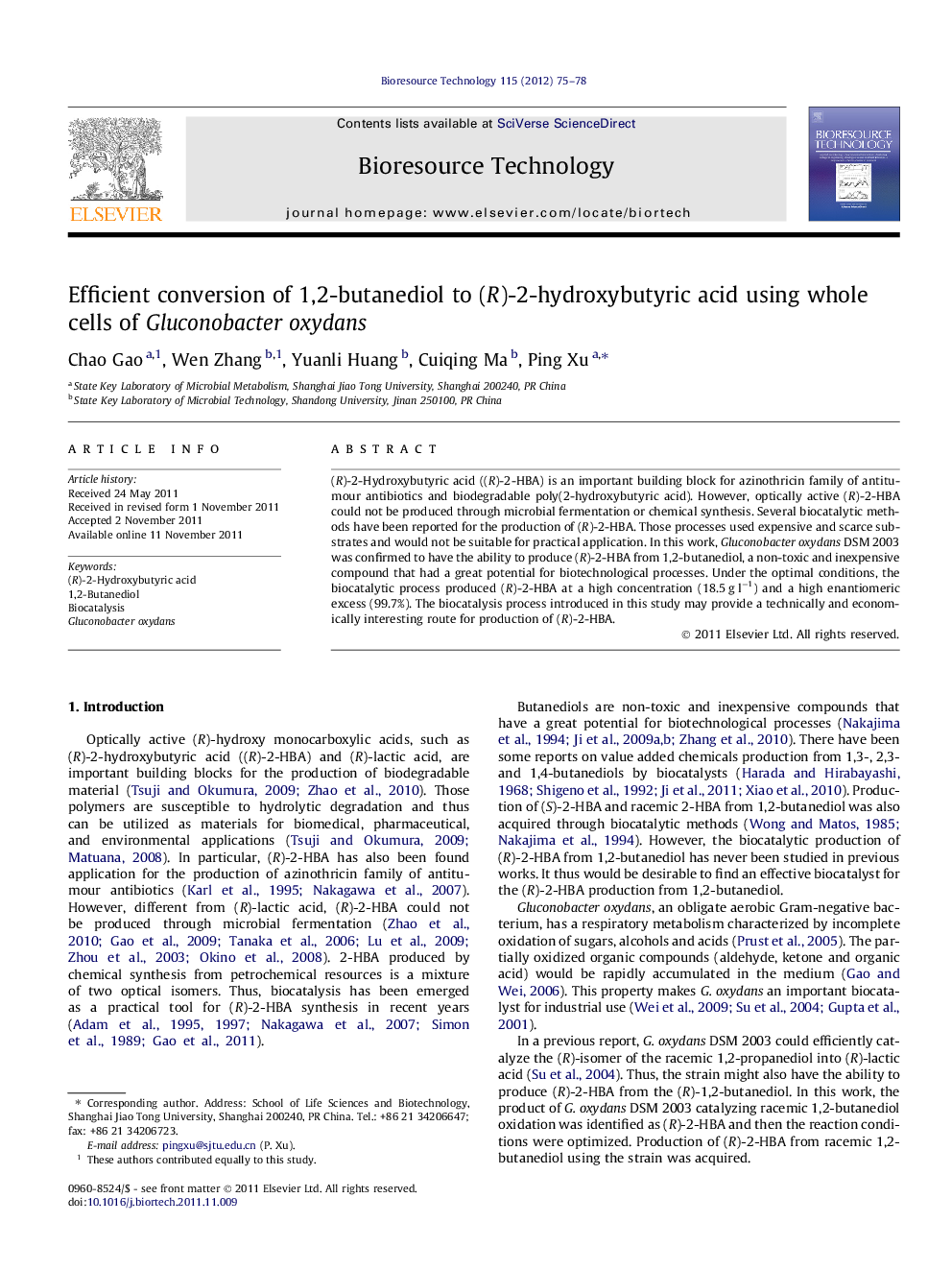 Efficient conversion of 1,2-butanediol to (R)-2-hydroxybutyric acid using whole cells of Gluconobacter oxydans