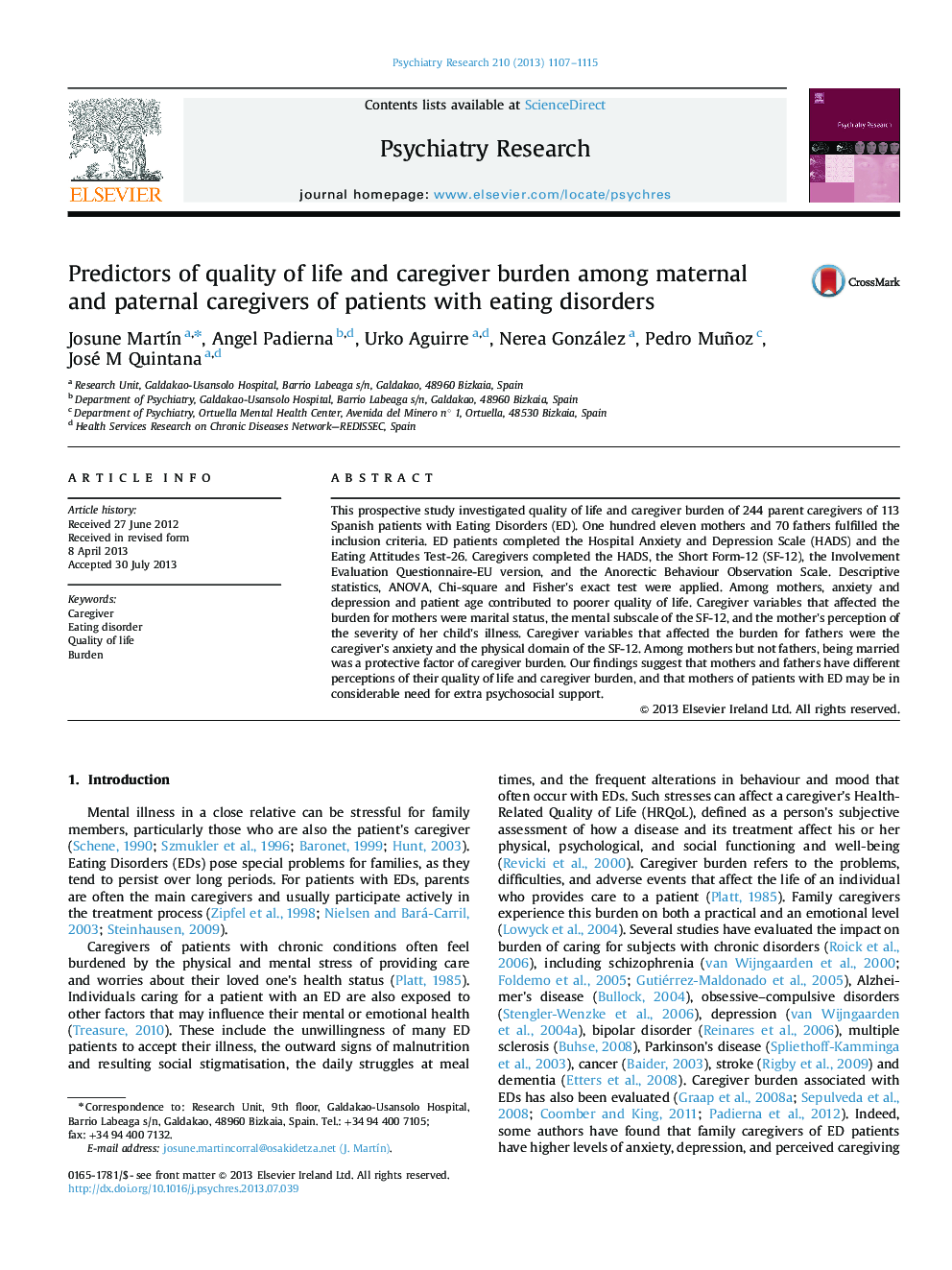 Predictors of quality of life and caregiver burden among maternal and paternal caregivers of patients with eating disorders