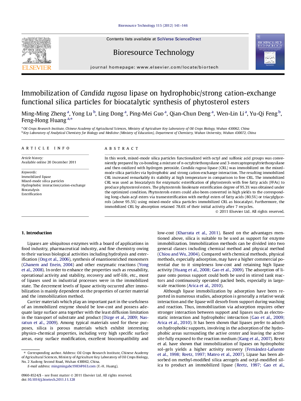 Immobilization of Candida rugosa lipase on hydrophobic/strong cation-exchange functional silica particles for biocatalytic synthesis of phytosterol esters