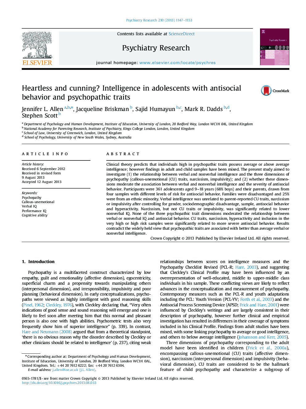 Heartless and cunning? Intelligence in adolescents with antisocial behavior and psychopathic traits