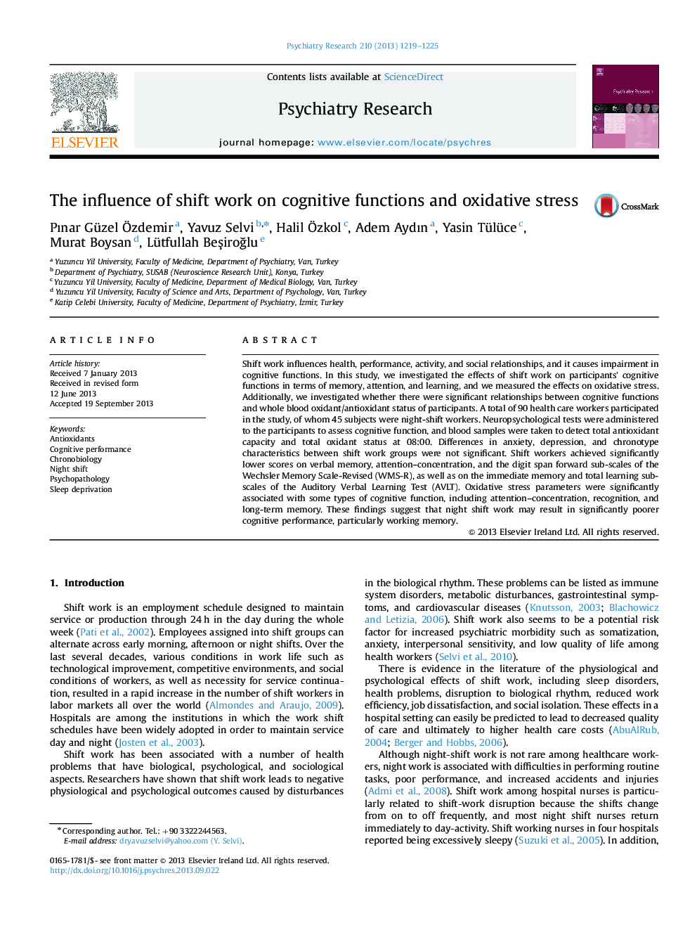 The influence of shift work on cognitive functions and oxidative stress