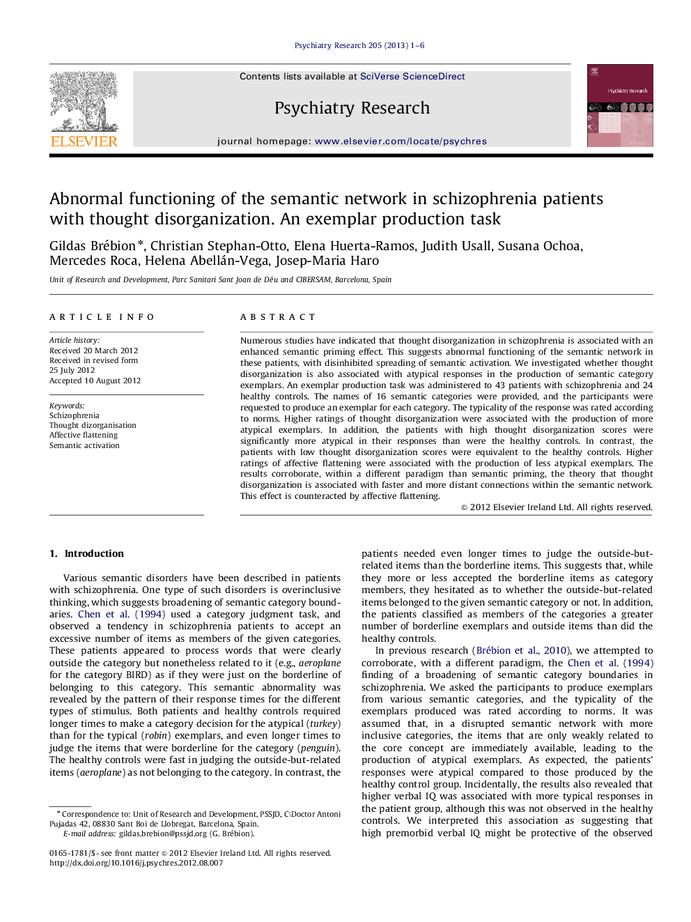 Abnormal functioning of the semantic network in schizophrenia patients with thought disorganization. An exemplar production task