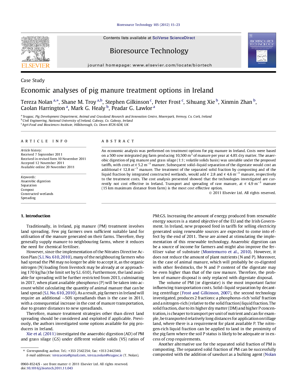 Economic analyses of pig manure treatment options in Ireland