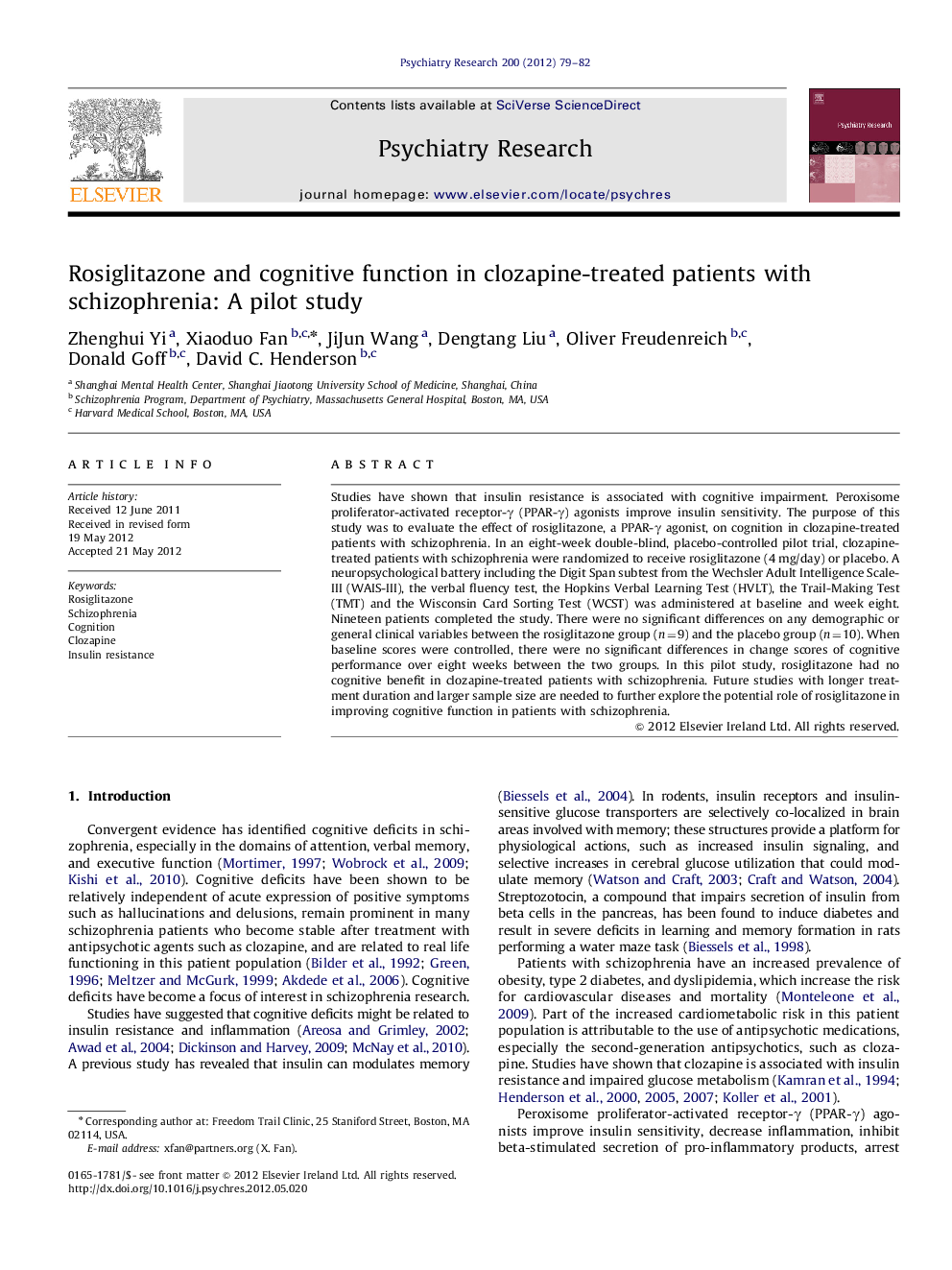 Rosiglitazone and cognitive function in clozapine-treated patients with schizophrenia: A pilot study