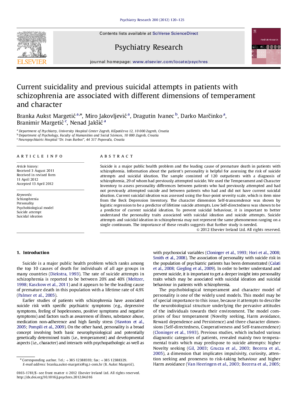 Current suicidality and previous suicidal attempts in patients with schizophrenia are associated with different dimensions of temperament and character