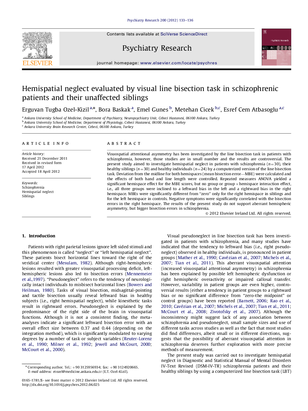 Hemispatial neglect evaluated by visual line bisection task in schizophrenic patients and their unaffected siblings