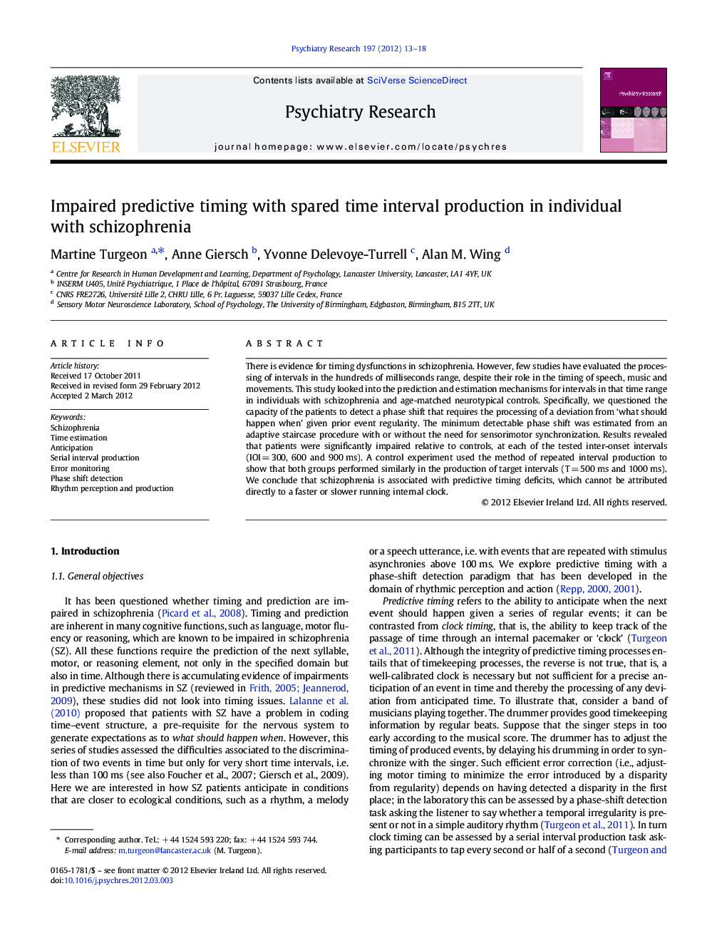 Impaired predictive timing with spared time interval production in individual with schizophrenia