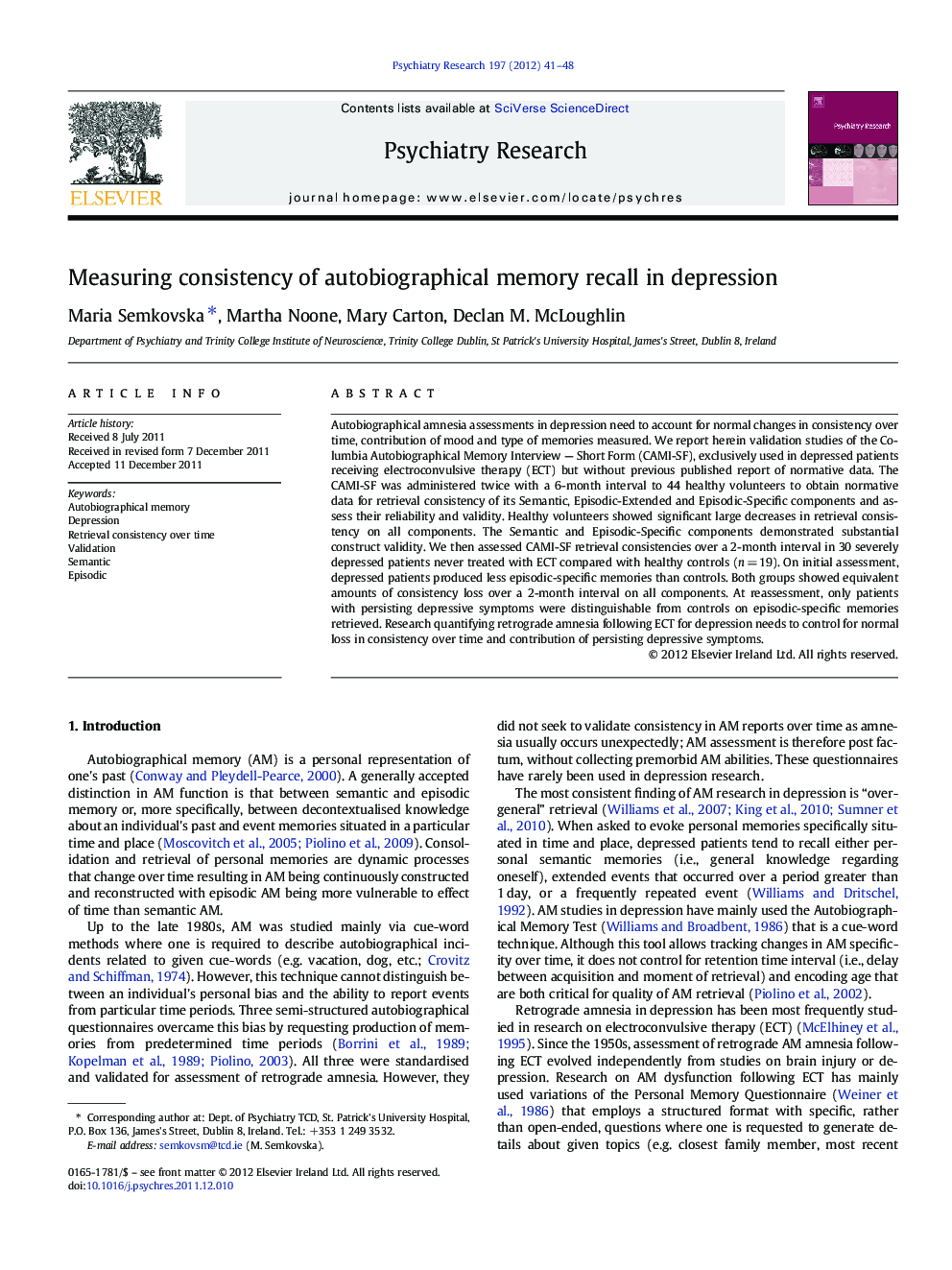 Measuring consistency of autobiographical memory recall in depression