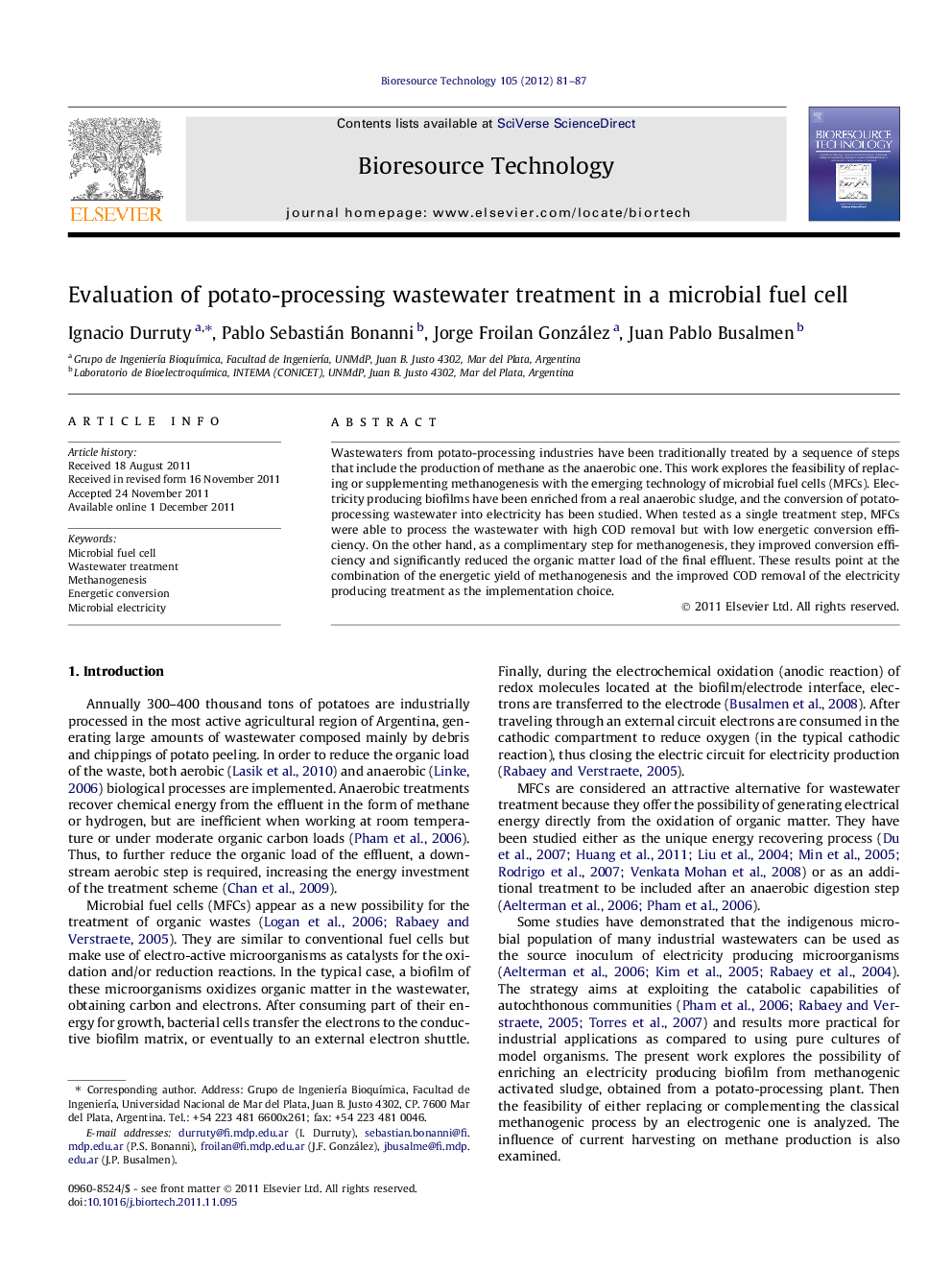 Evaluation of potato-processing wastewater treatment in a microbial fuel cell