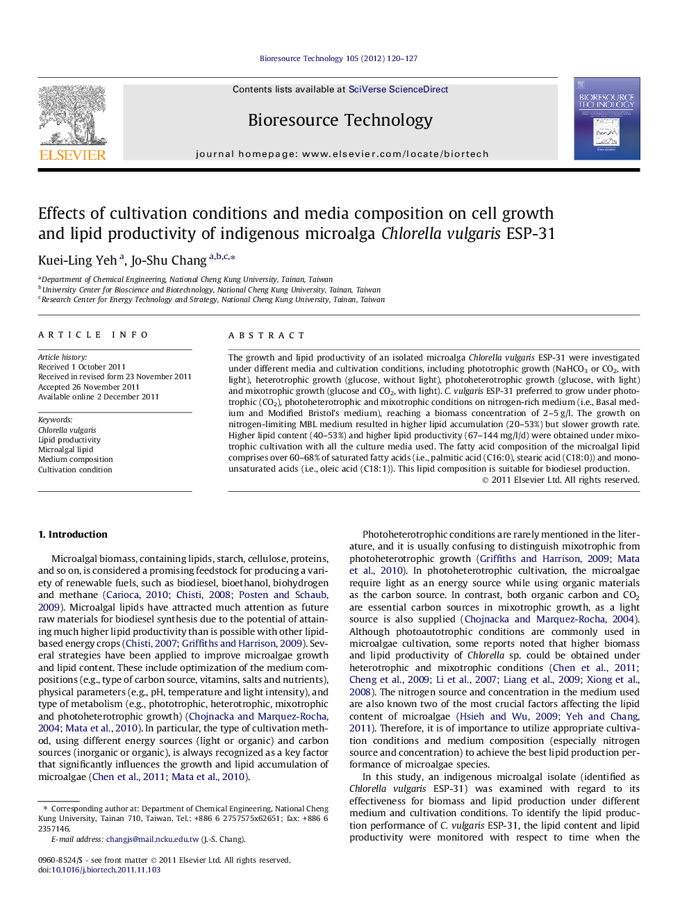 Effects of cultivation conditions and media composition on cell growth and lipid productivity of indigenous microalga Chlorella vulgaris ESP-31