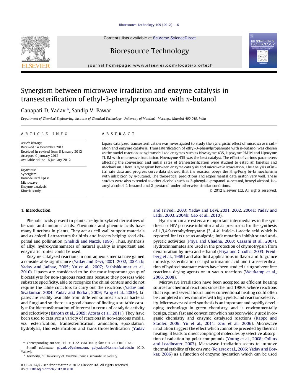 Synergism between microwave irradiation and enzyme catalysis in transesterification of ethyl-3-phenylpropanoate with n-butanol