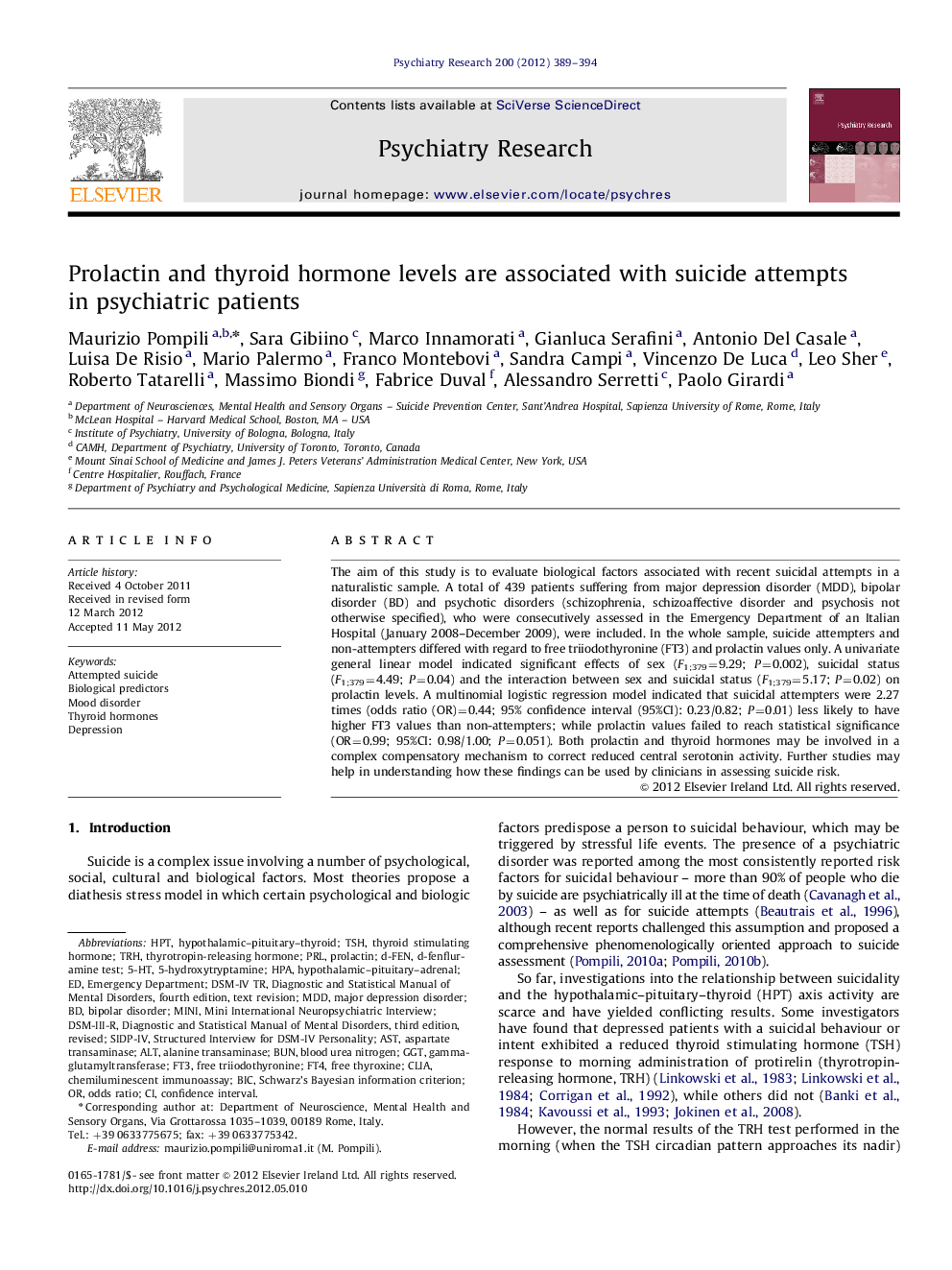 Prolactin and thyroid hormone levels are associated with suicide attempts in psychiatric patients