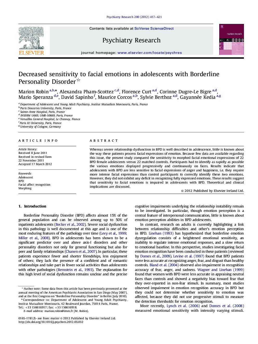 Decreased sensitivity to facial emotions in adolescents with Borderline Personality Disorder