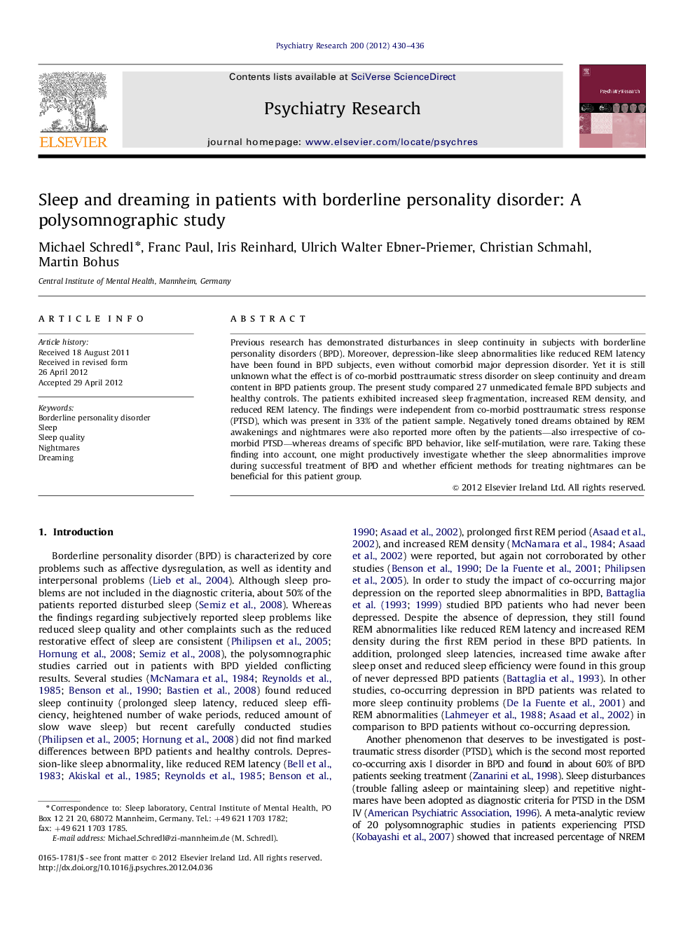 Sleep and dreaming in patients with borderline personality disorder: A polysomnographic study