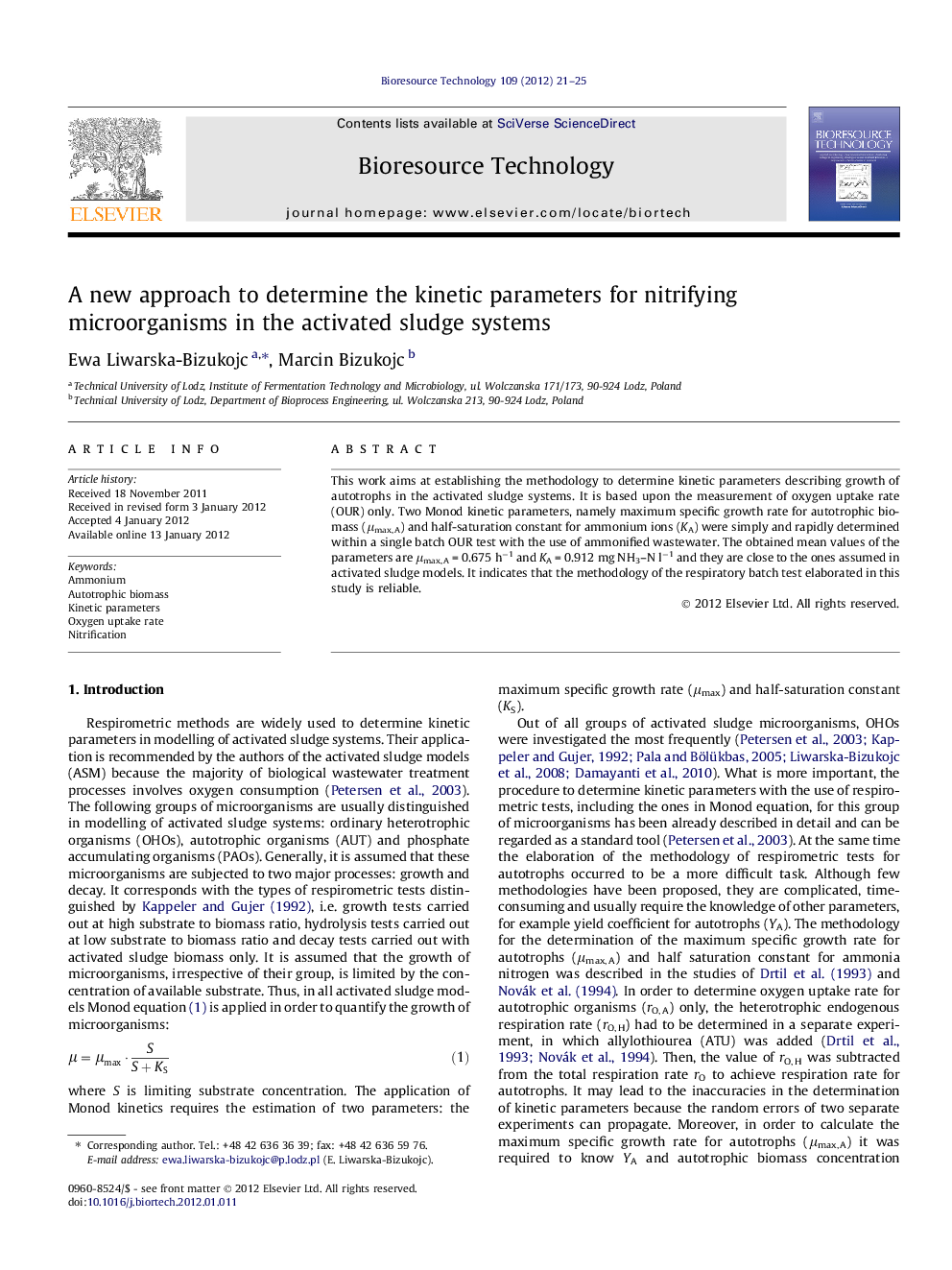 A new approach to determine the kinetic parameters for nitrifying microorganisms in the activated sludge systems