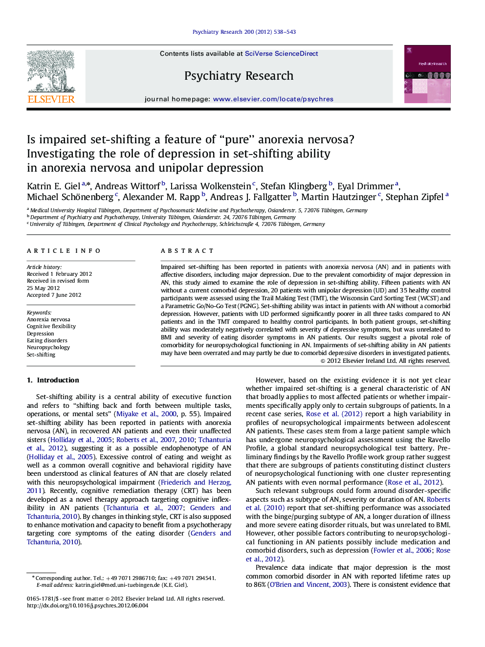 Is impaired set-shifting a feature of “pure” anorexia nervosa? Investigating the role of depression in set-shifting ability in anorexia nervosa and unipolar depression