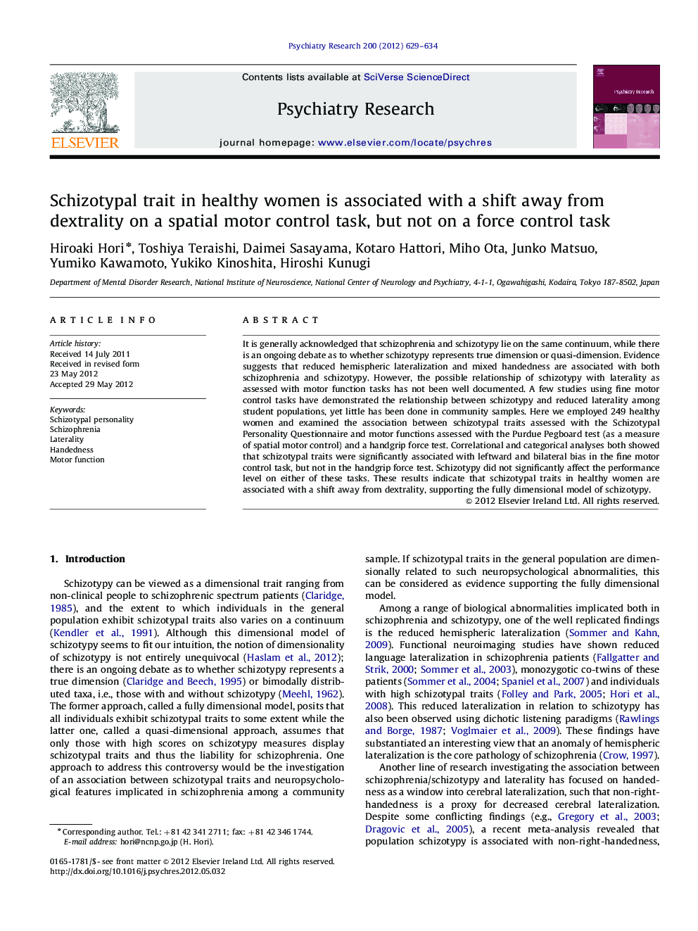 Schizotypal trait in healthy women is associated with a shift away from dextrality on a spatial motor control task, but not on a force control task