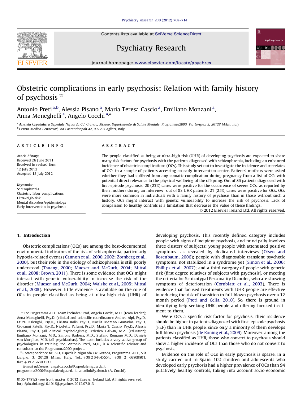 Obstetric complications in early psychosis: Relation with family history of psychosis