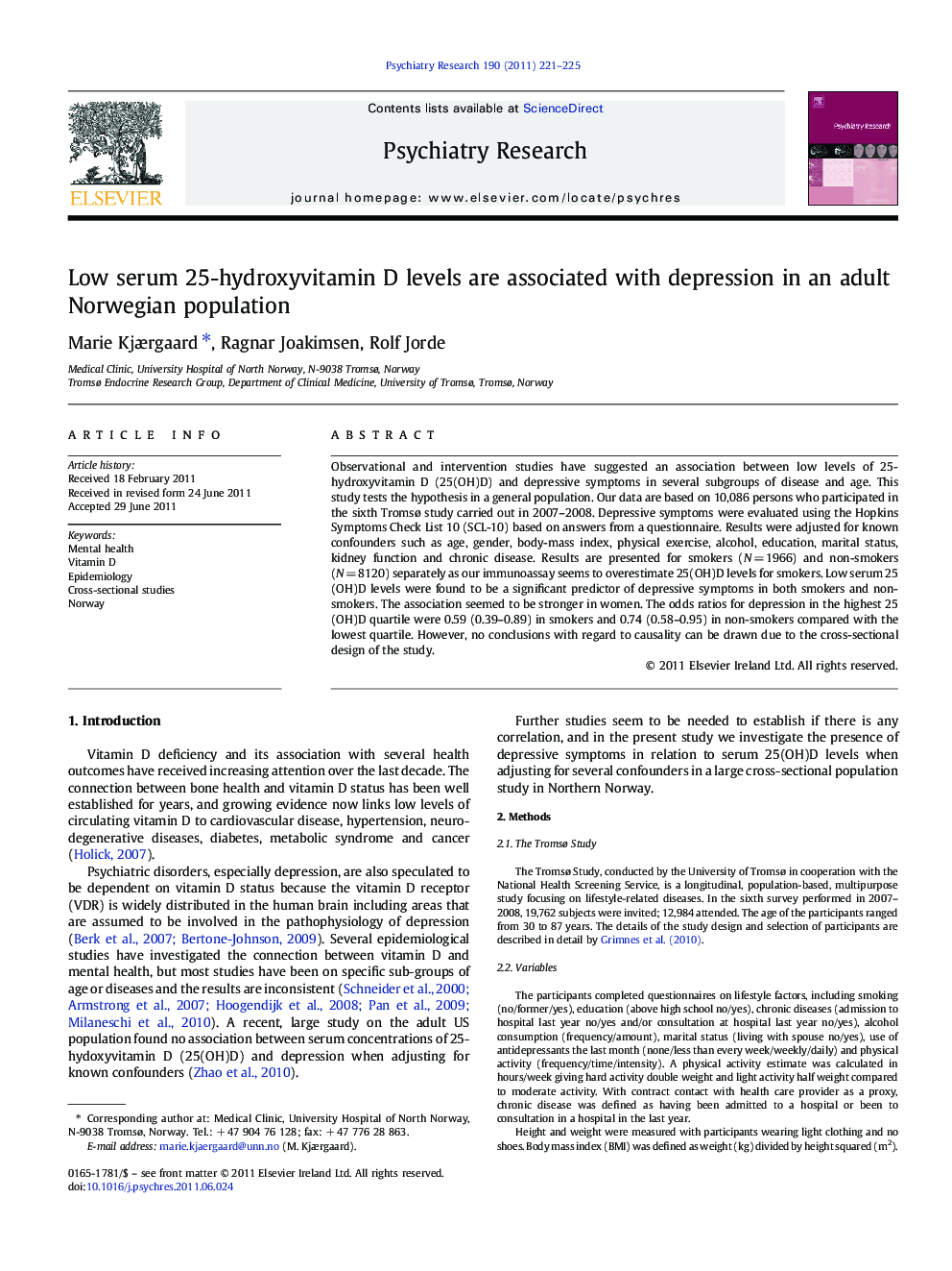 Low serum 25-hydroxyvitamin D levels are associated with depression in an adult Norwegian population