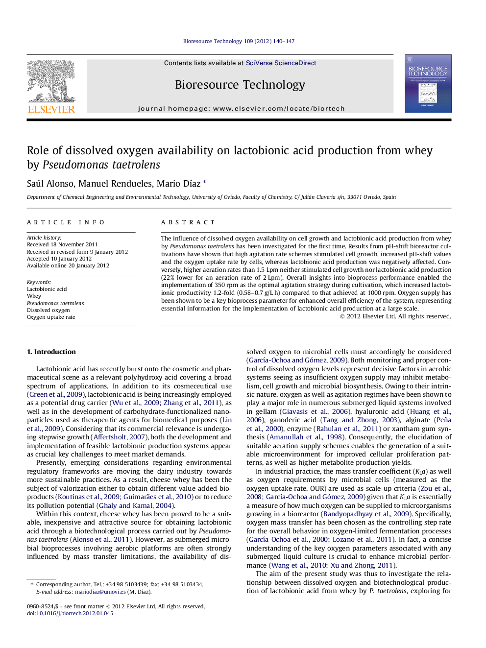 Role of dissolved oxygen availability on lactobionic acid production from whey by Pseudomonas taetrolens