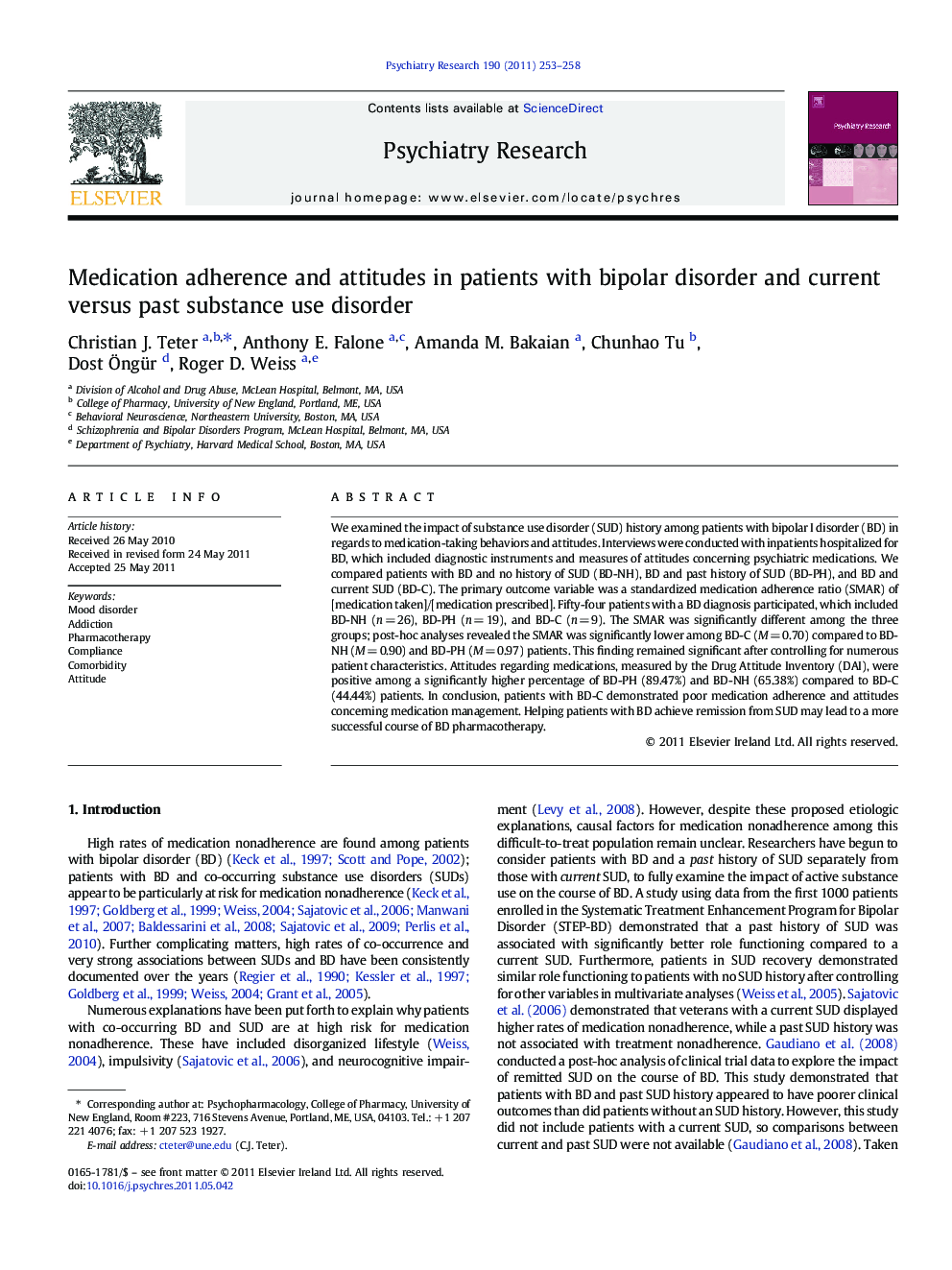 Medication adherence and attitudes in patients with bipolar disorder and current versus past substance use disorder