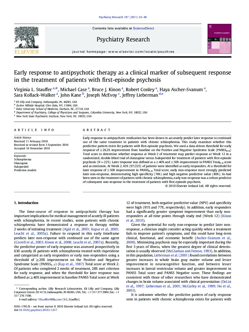 Early response to antipsychotic therapy as a clinical marker of subsequent response in the treatment of patients with first-episode psychosis