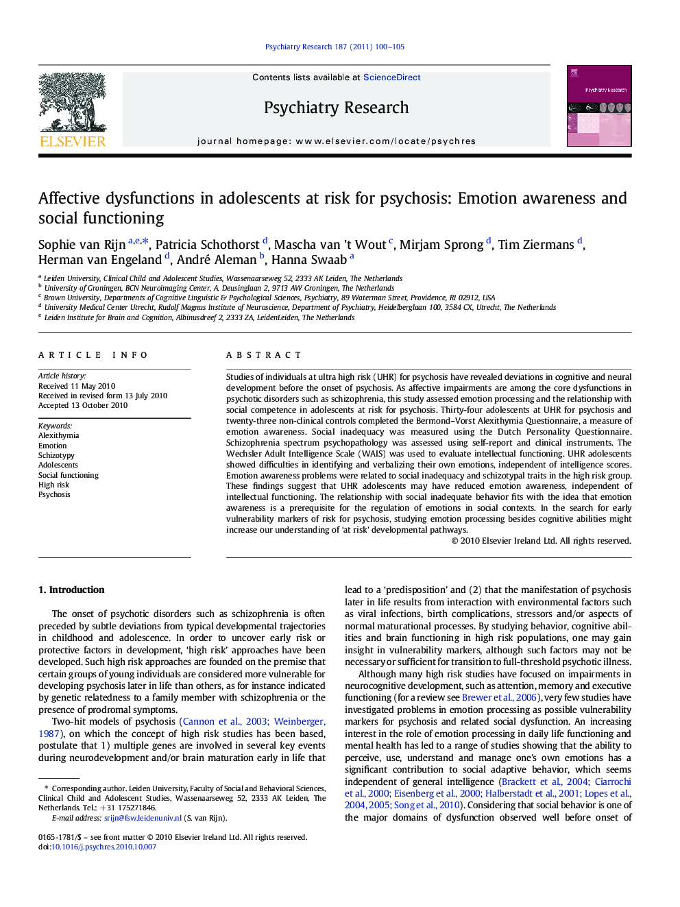 Affective dysfunctions in adolescents at risk for psychosis: Emotion awareness and social functioning