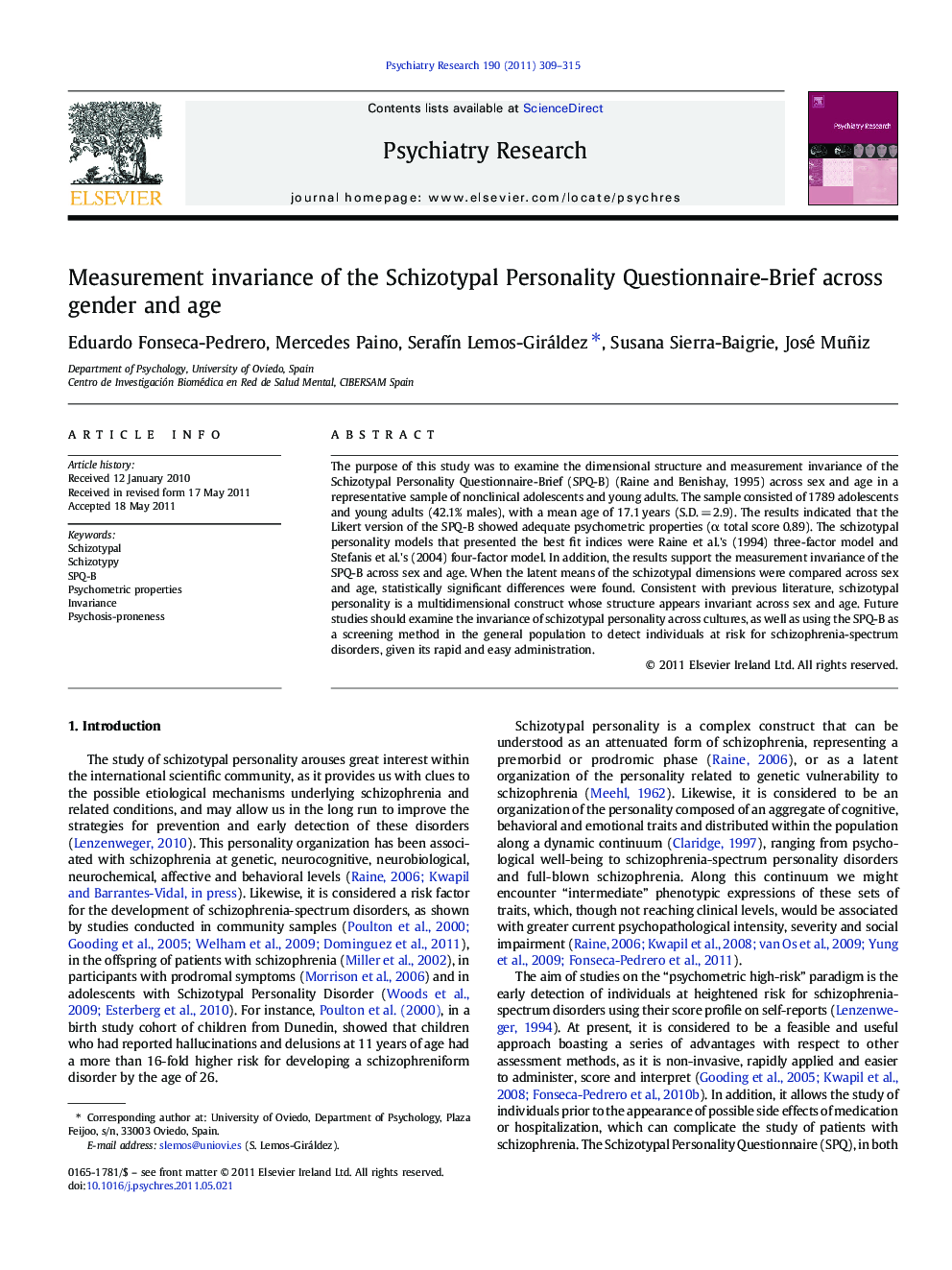 Measurement invariance of the Schizotypal Personality Questionnaire-Brief across gender and age