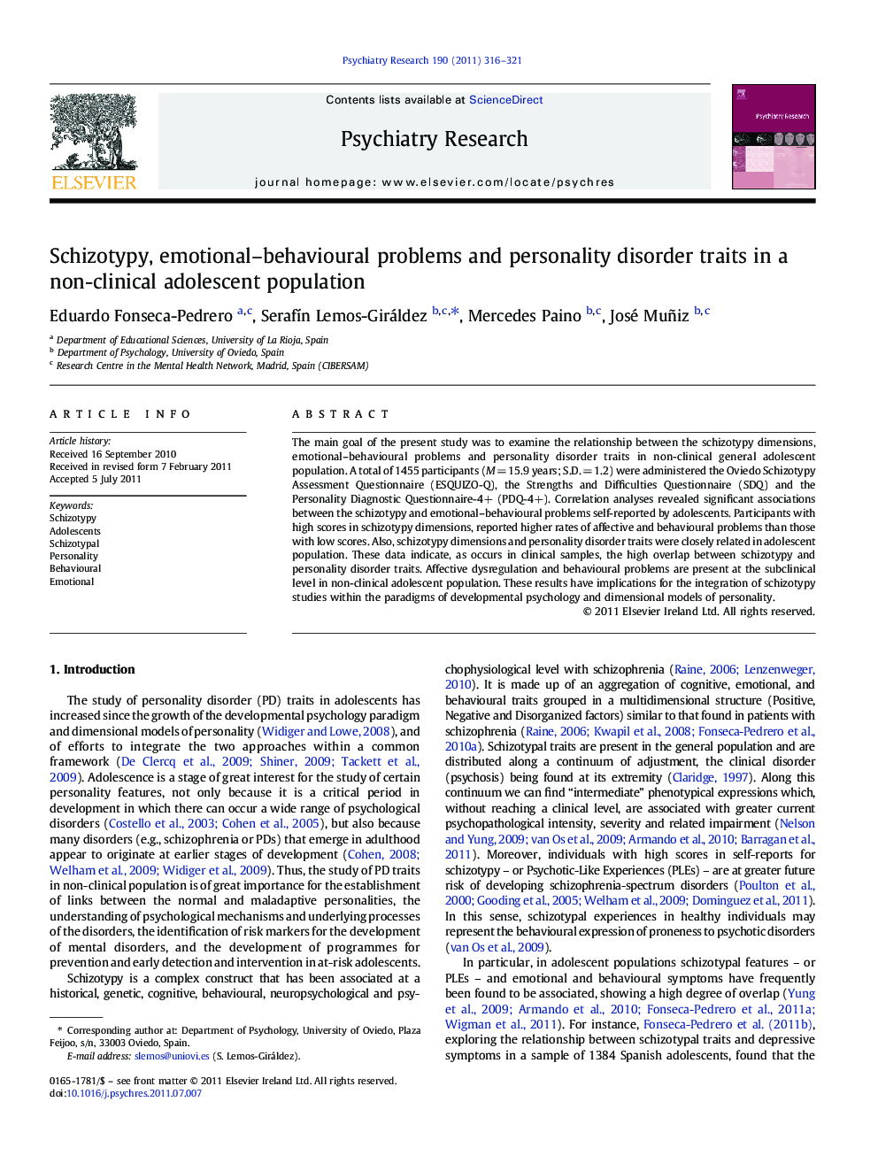 Schizotypy, emotional-behavioural problems and personality disorder traits in a non-clinical adolescent population