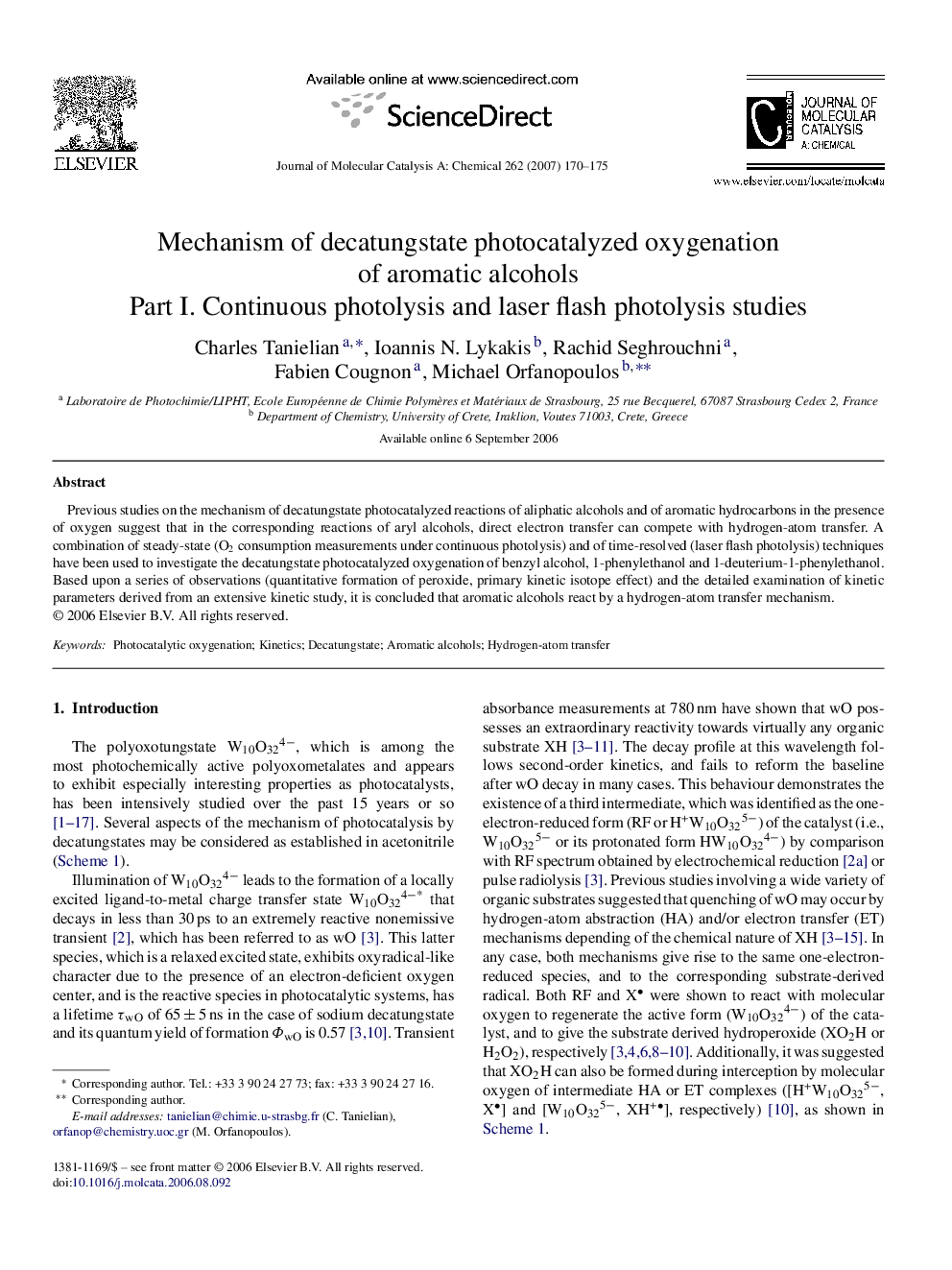 Mechanism of decatungstate photocatalyzed oxygenation of aromatic alcohols: Part I. Continuous photolysis and laser flash photolysis studies