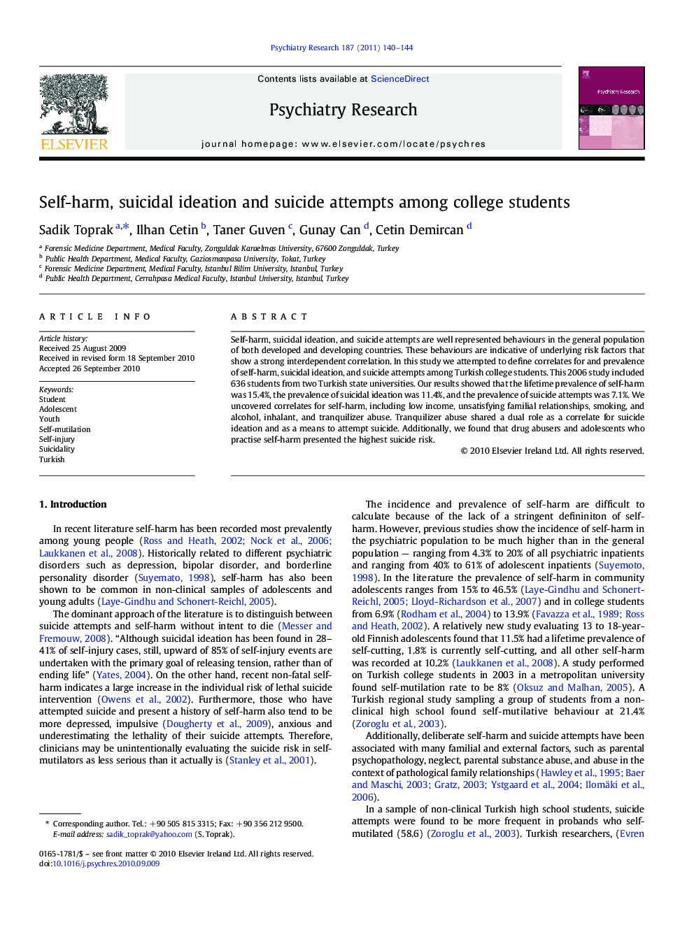 Self-harm, suicidal ideation and suicide attempts among college students