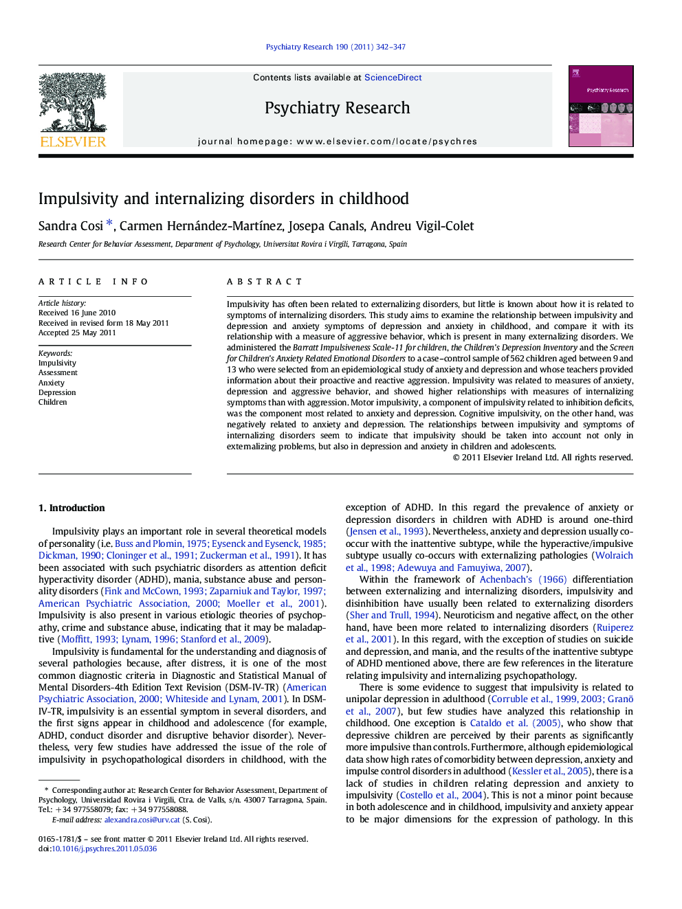 Impulsivity and internalizing disorders in childhood