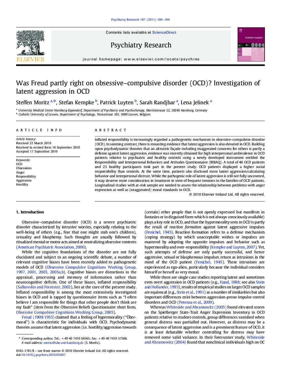 Was Freud partly right on obsessive-compulsive disorder (OCD)? Investigation of latent aggression in OCD